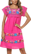 Women Embroidered Mexican Peasant Cotton Dress - Short Sleeve