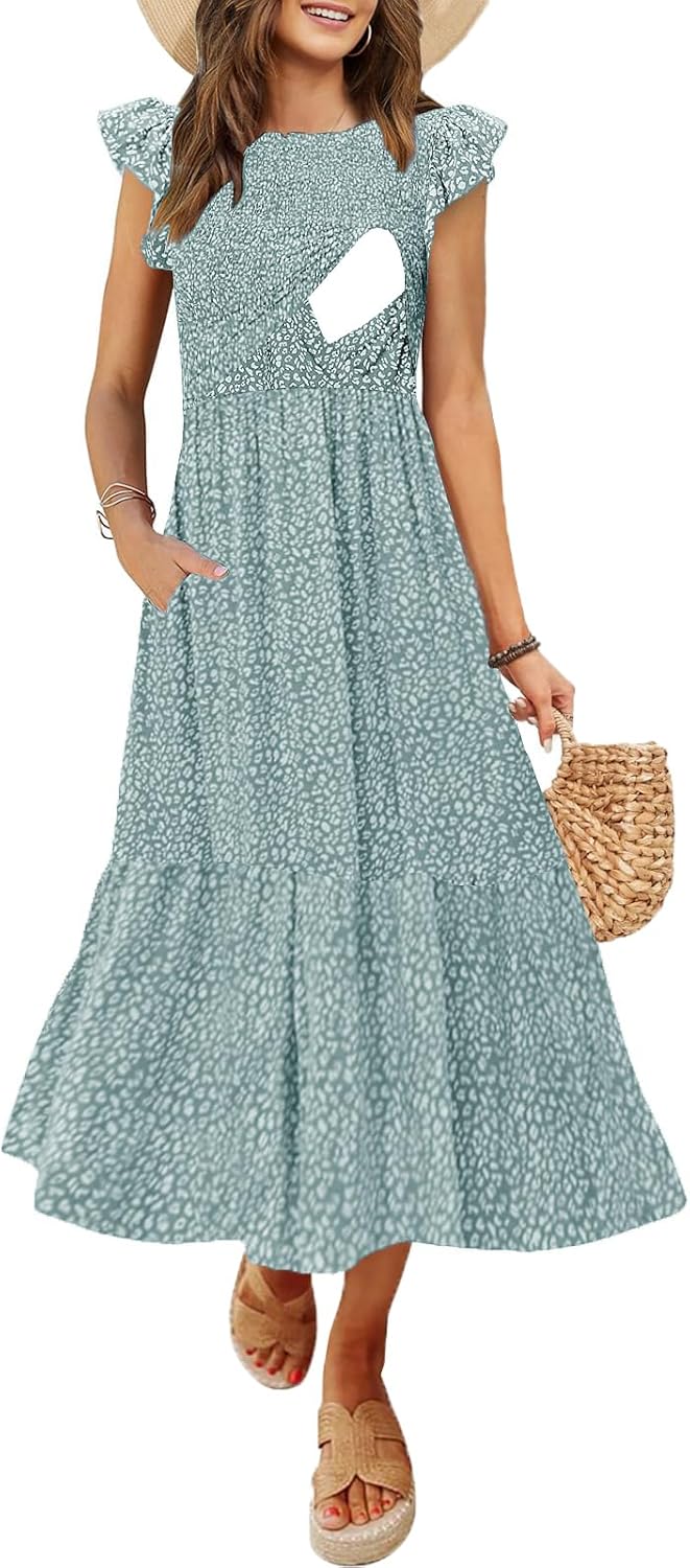 Women's Nursing Dress with Flutter Sleeves and Pockets