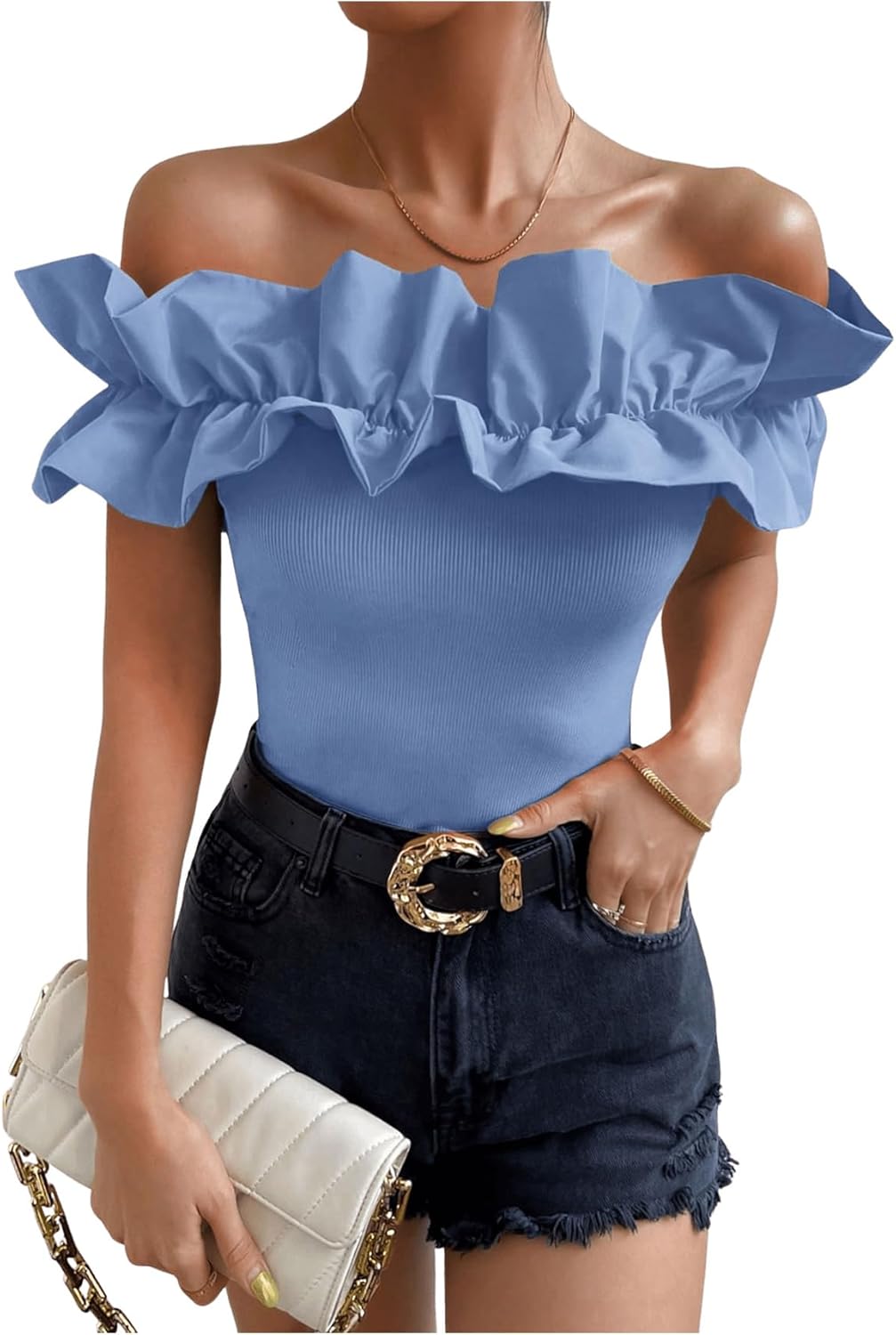 OYOANGLE Women's Ruffle Trim Off Shoulder Blouse for Parties