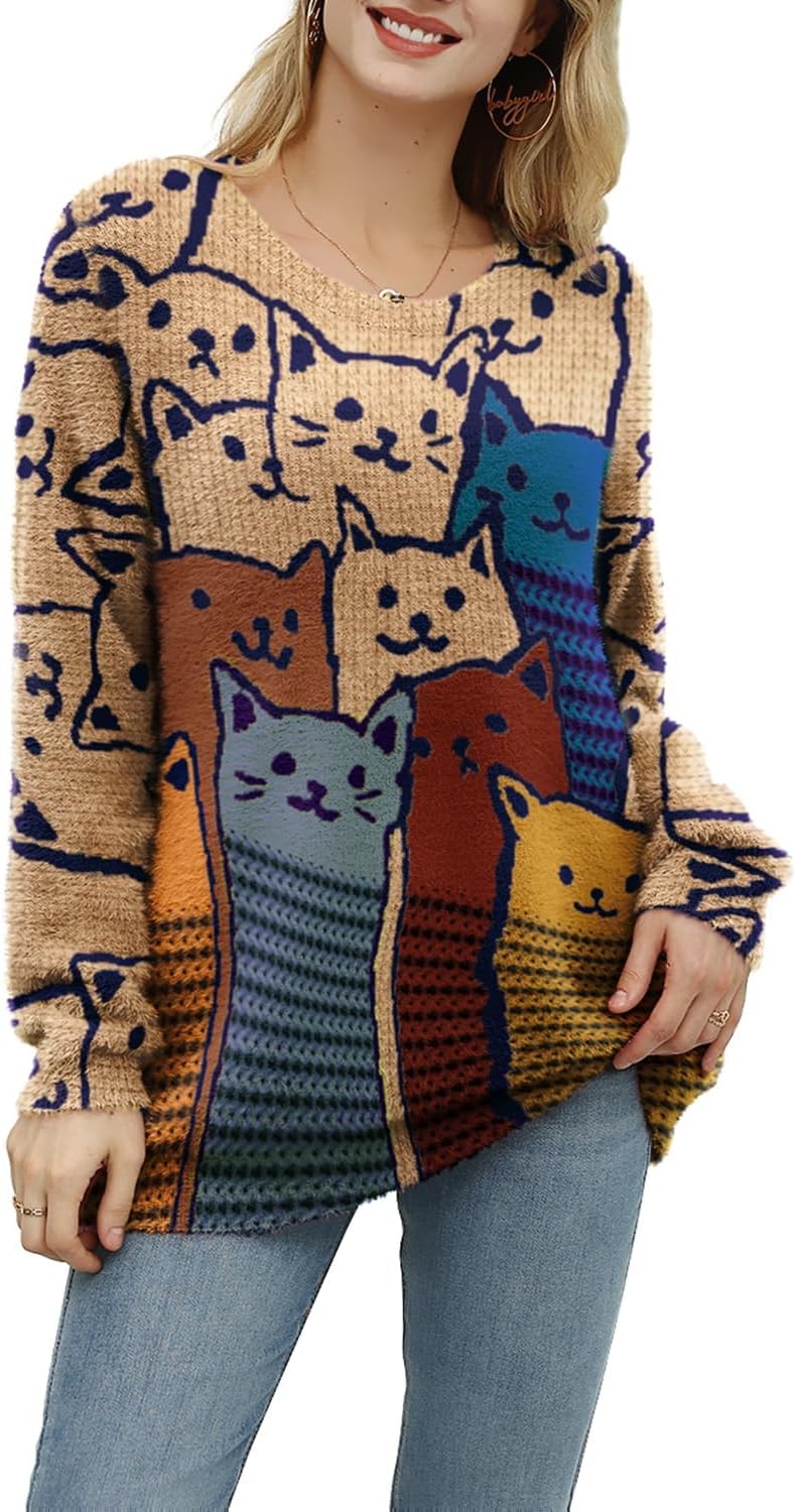 YESNO Women Christmas Sweater Graphic Printed Oversized Pullover