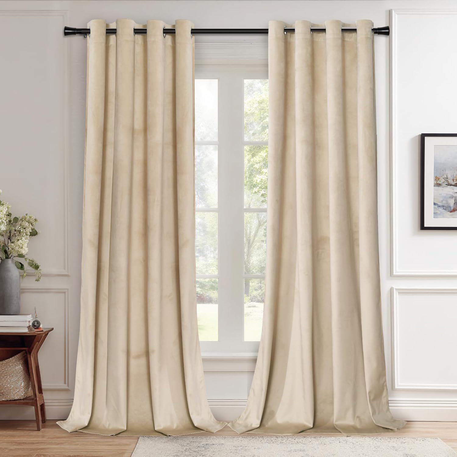 JIUZHEN Beige Velvet Curtains - Thermal Insulated Room Darkening