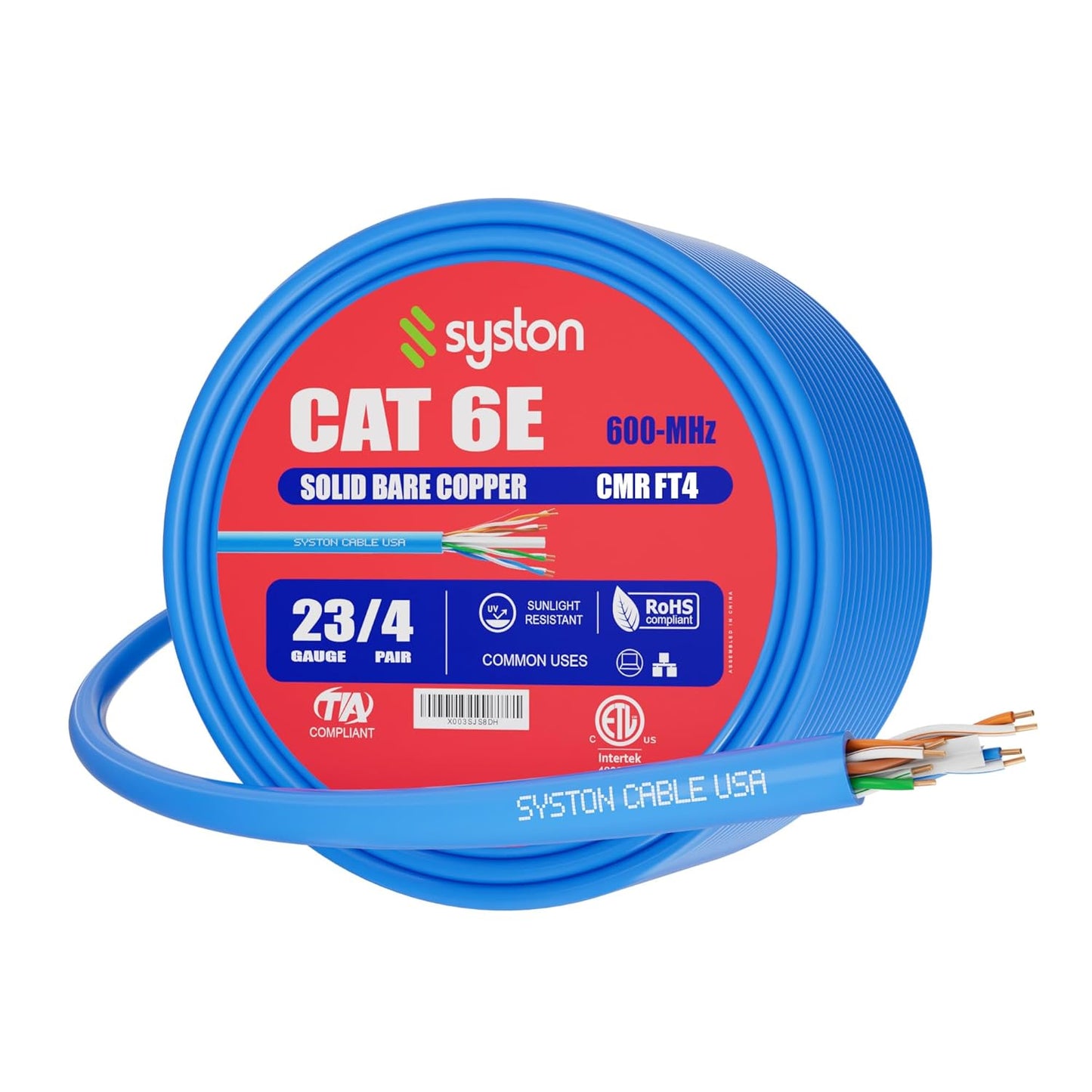 High-Speed Cat 6E Cable - 100FT, Solid Copper, 600MHz, Riser Rated