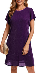 Women's Crewneck Sequin Shift Dress Short Sleeve - Sparkly Casual Fit