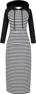 Women's Casual Pocket Slim Pullover Maxi Hoodie Dress - Cotton Blend