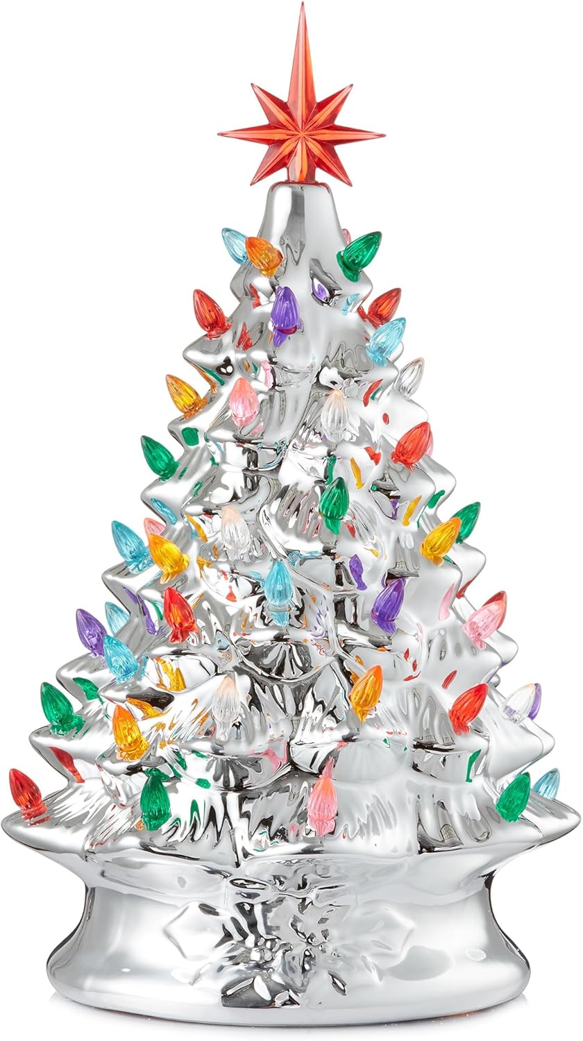 Hand Painted Ceramic Christmas Tree with Multi Color Lights
