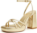 Gold & White Heels Square Toe 3in Platform - Stable Strappy Block