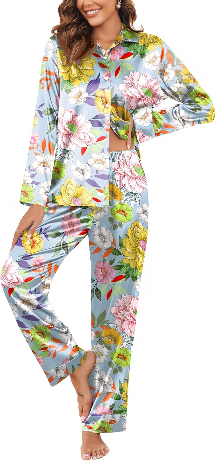 Ekouaer Classic Satin Pajamas for Women Long Sleeve Sleepwear