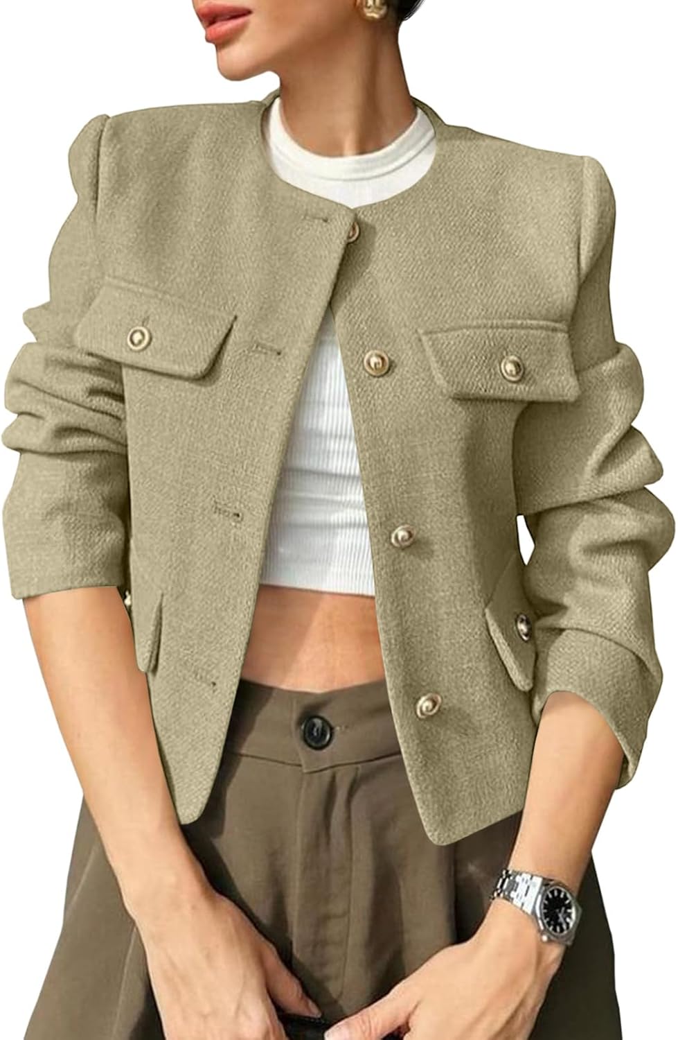 Cropped Tweed Blazer Jacket for Women - Stylish Business Casual