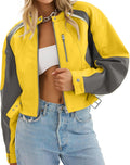 Tankaneo Womens Faux Leather Bomber Jacket - Cropped Color Block