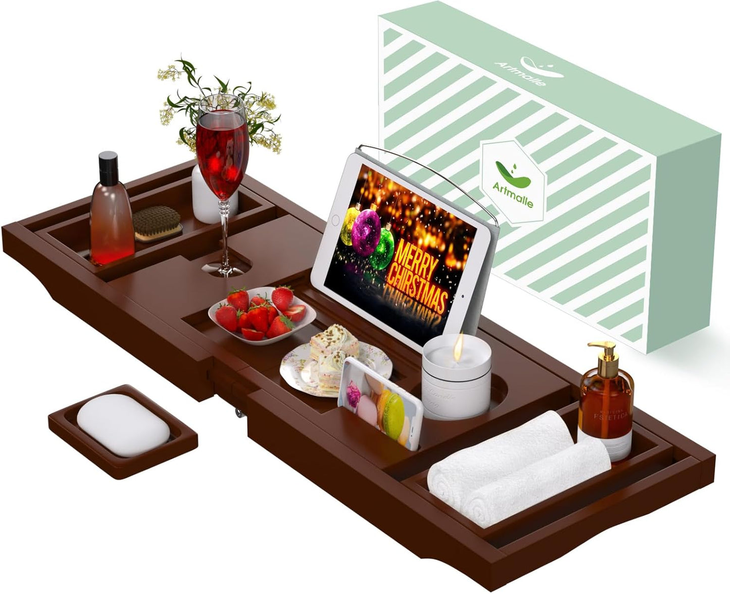 Bathtub Caddy Tray for Tub - Foldable Bamboo Bath Table