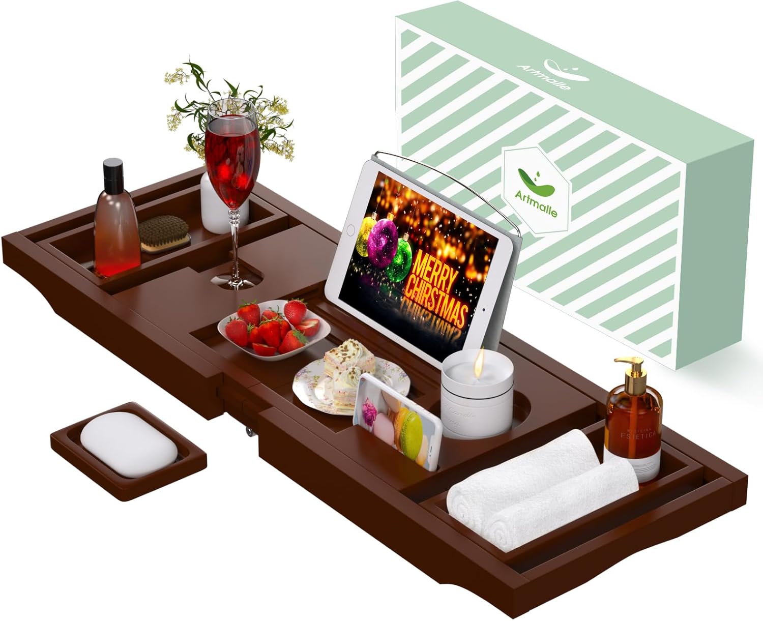Bathtub Caddy Tray for Tub - Foldable Bamboo Bath Table