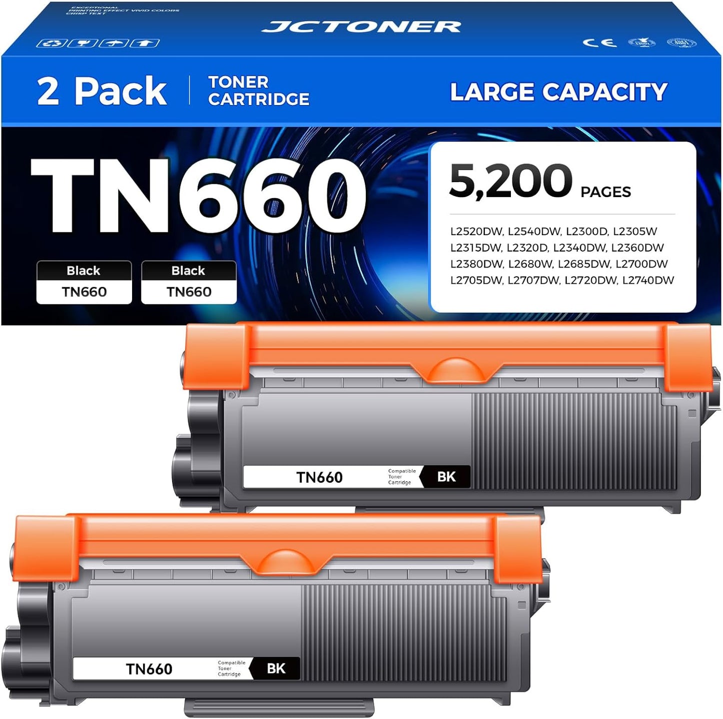 TN660 Black Toner Cartridge 2-Pack for Brother Printers