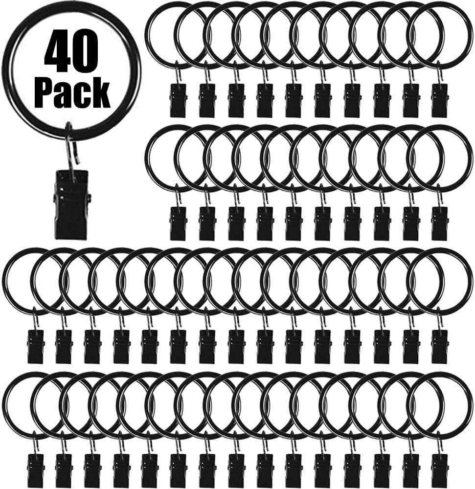Premium Black Curtain Rings with Clips - Set of 40