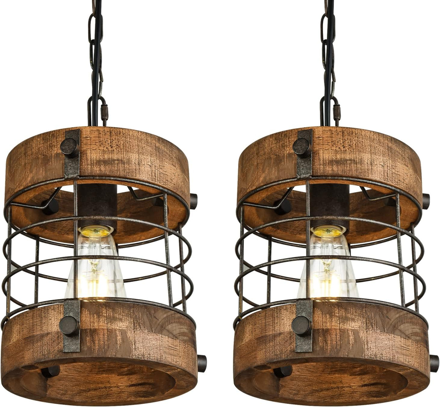 Retro Industrial Metal and Wood Farmhouse Chandeliers, 2 Pack