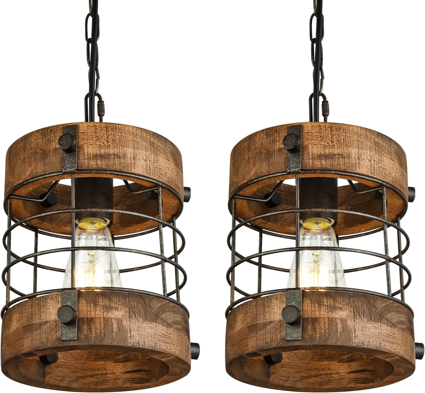 Retro Industrial Metal and Wood Farmhouse Chandeliers, 2 Pack