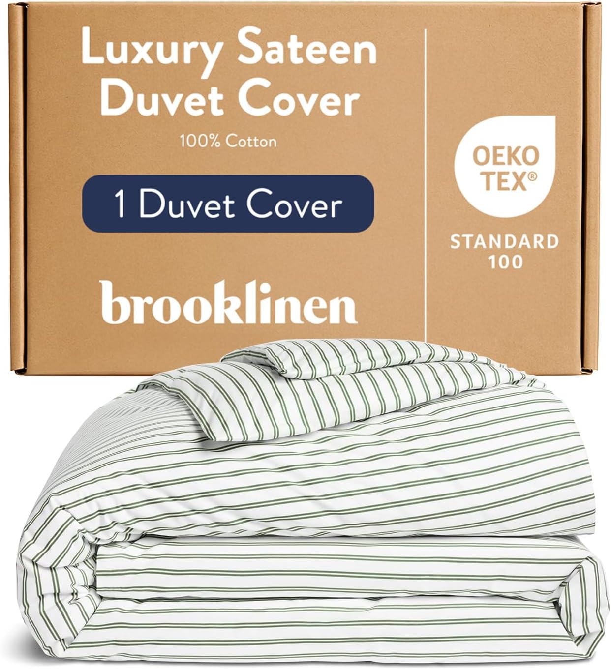 Luxury Sateen Duvet Cover Full/Queen Size in Green Tandem Stripe