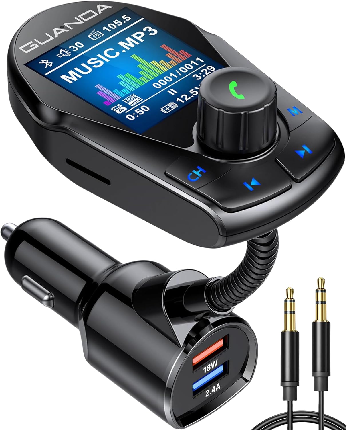 Bluetooth FM Transmitter with 1.8 Color Display for Cars