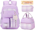 Backpack For School Women College Teen Girls - Waterproof Plaid Purple
