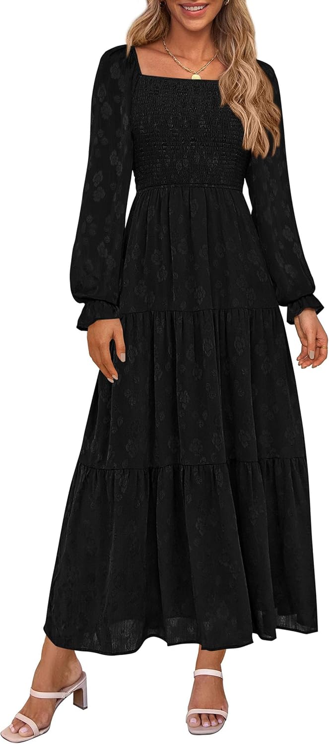 PRETTYGARDEN Floral Long Sleeve Smocked Tiered Dress for Women