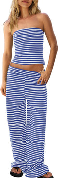 Womens Striped Two Piece Set Tube Top and Wide Leg Pants - Beach Ready