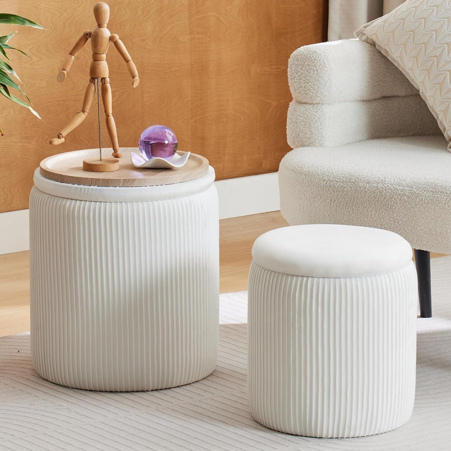 Round Ottoman with Storage Set of 2 for Living Room & Bedroom
