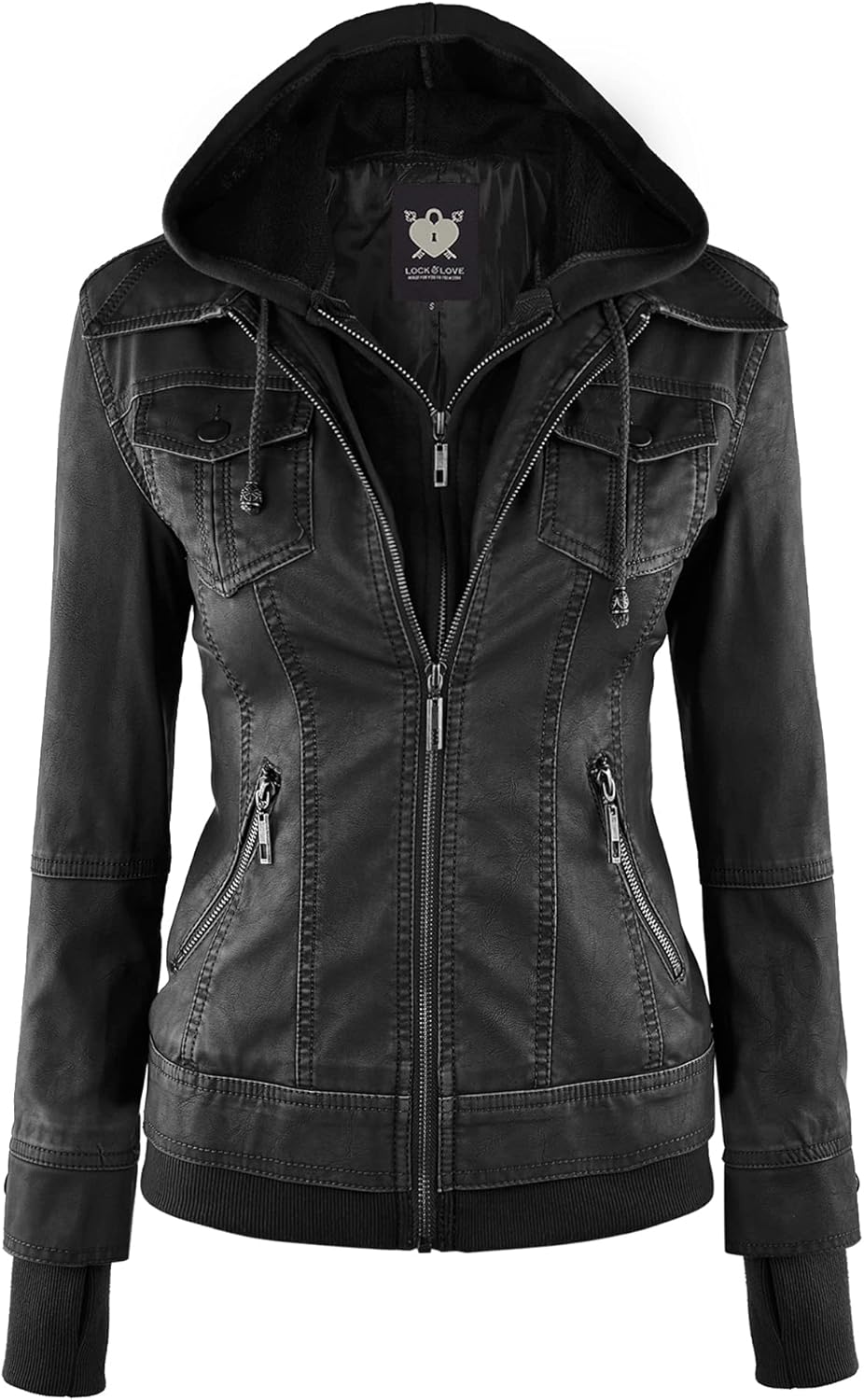 Lock and Love Women's Faux Leather Moto Biker Jacket with Hood