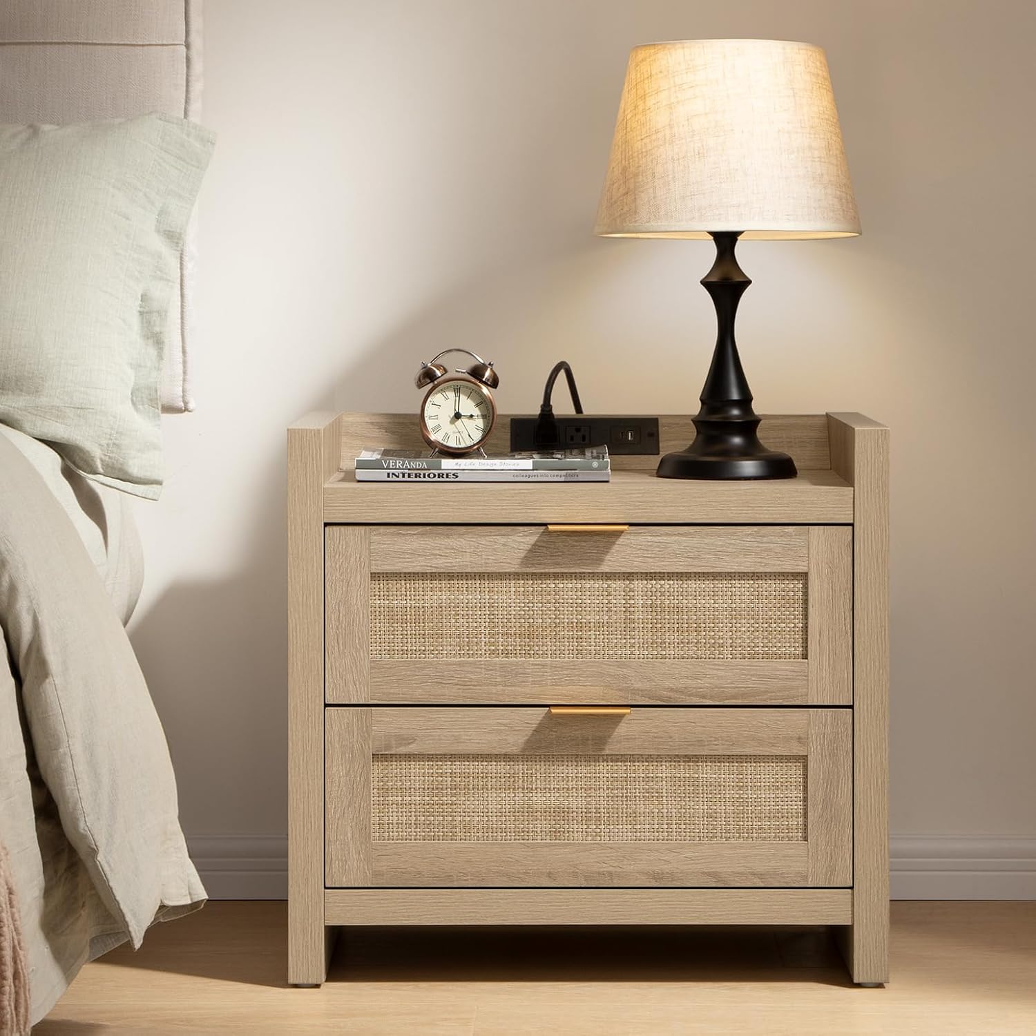 SICOTAS Rattan Nightstand with Charging Station and Storage