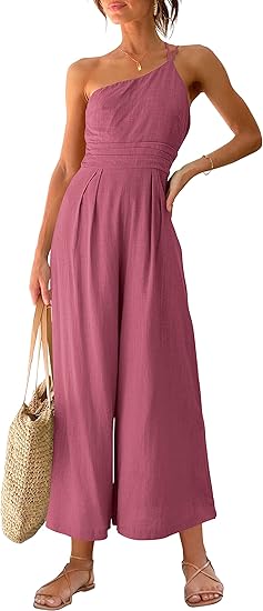 ANRABESS Women's Summer One Shoulder Pleated Jumpsuit Romper
