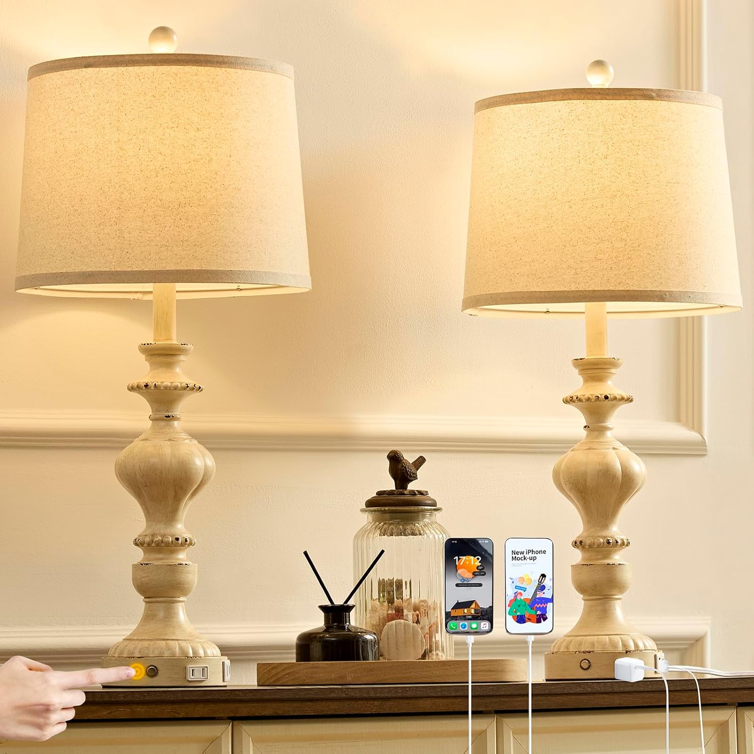 27.5 in Farmhouse Table Lamps Set of 2 with USB Ports & AC Outlet