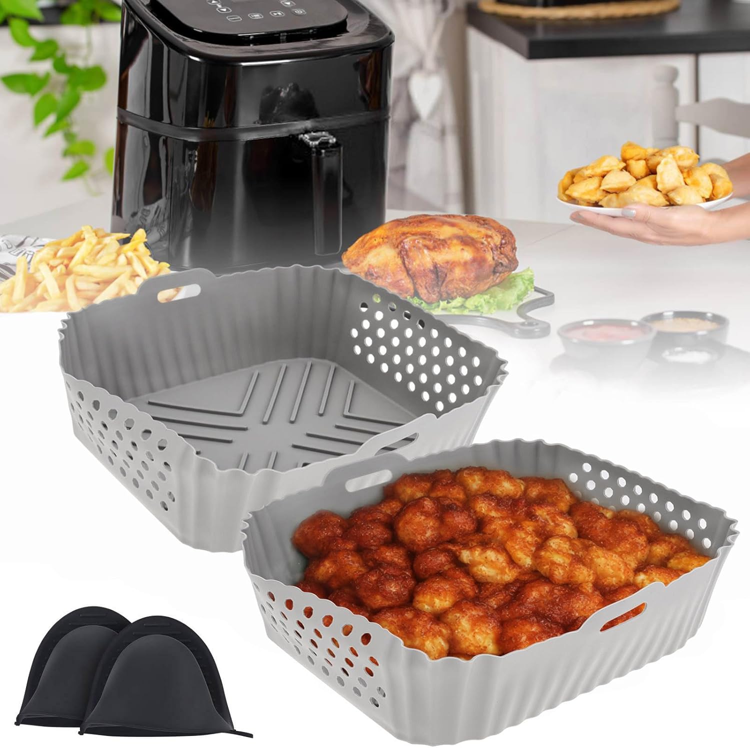 2Pcs Silicone Air Fryer Liners + Gloves - Non-Stick Inserts