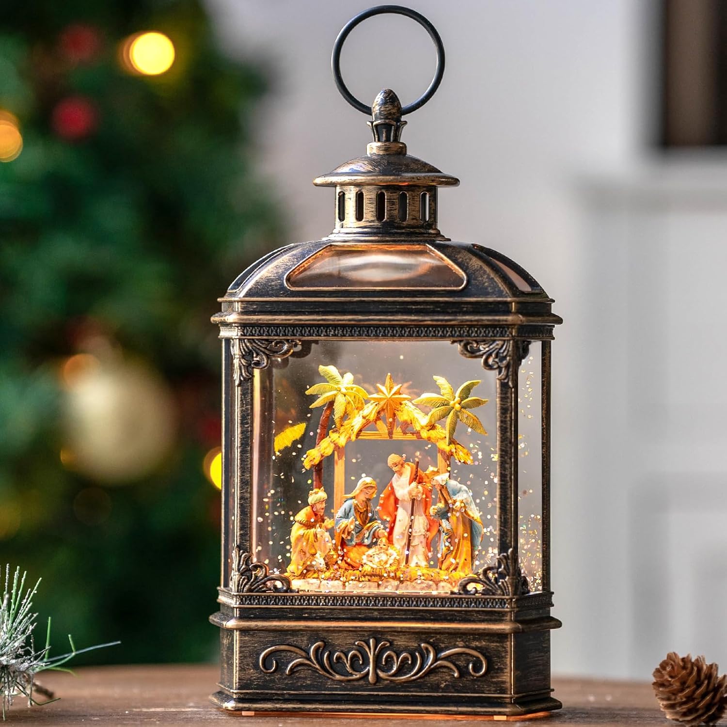 Christmas Snow Globe Lantern with Music and Glittering Nativity Scene