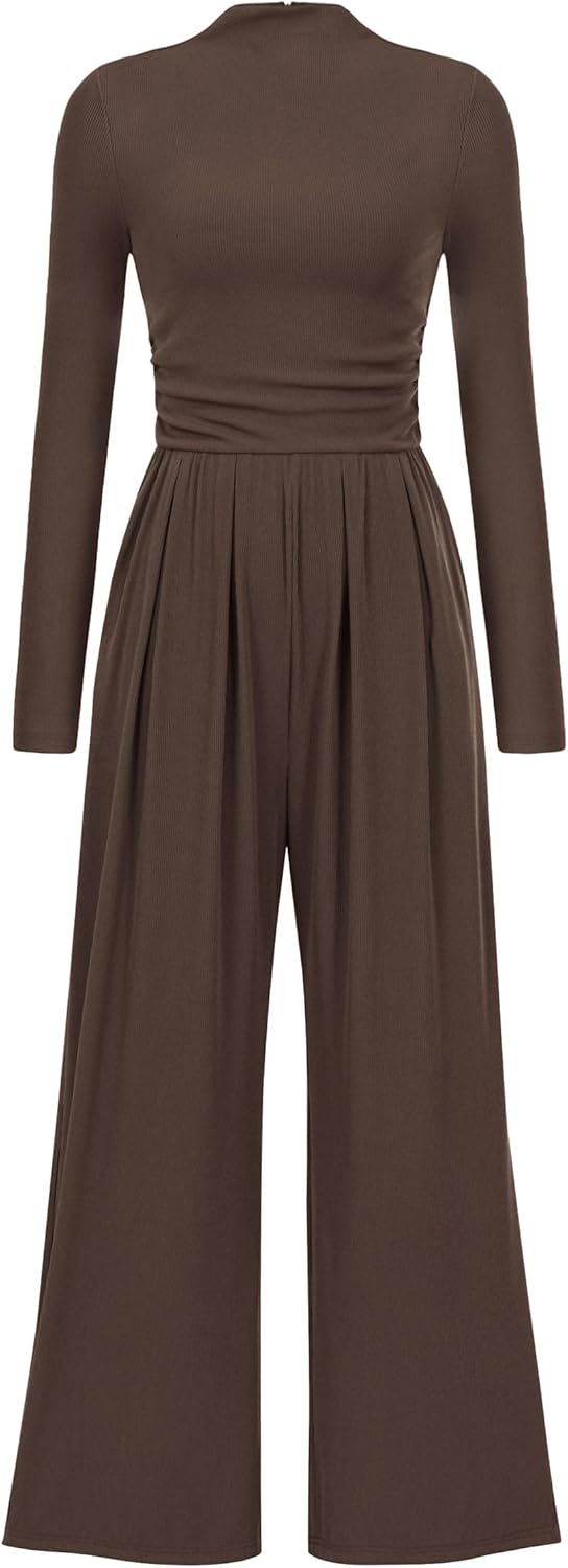 PRETTYGARDEN Long Sleeve Mock Neck Jumpsuits for Women Fashion
