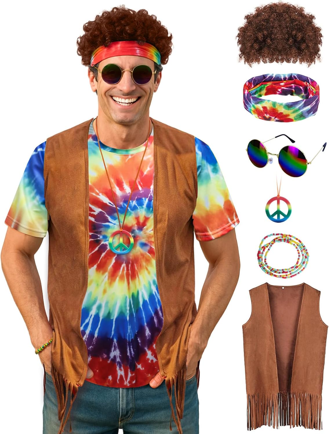 Hippie Costume for Men 60s 70s Outfits with Accessories Set