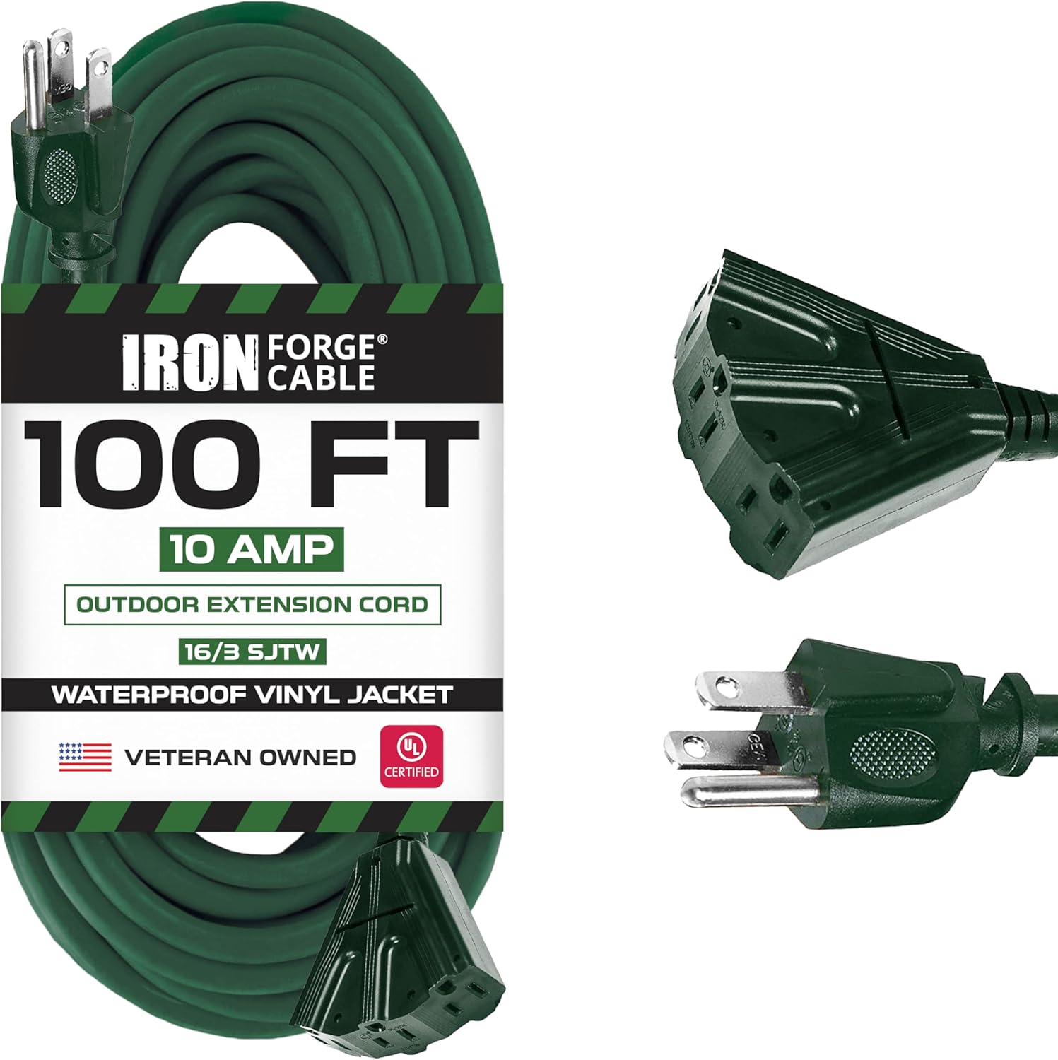 100ft Green Outdoor Extension Cord with 3 Outlets for Versatile Use