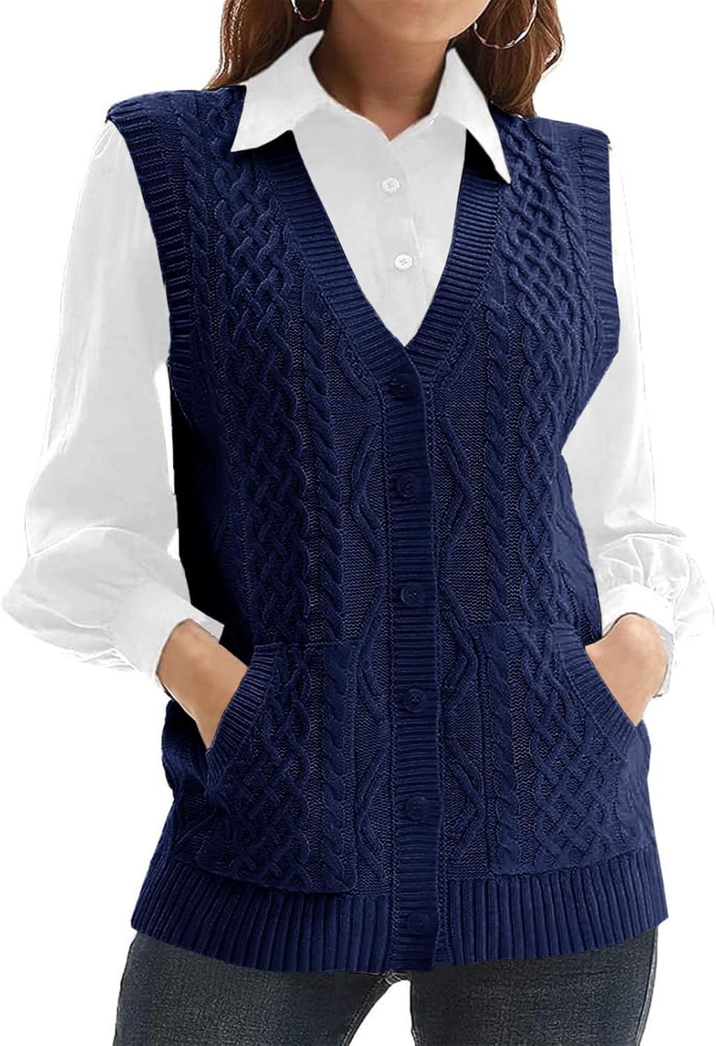Womens Knit Sweater Vest V Neck Sleeveless Cardigan with Pockets