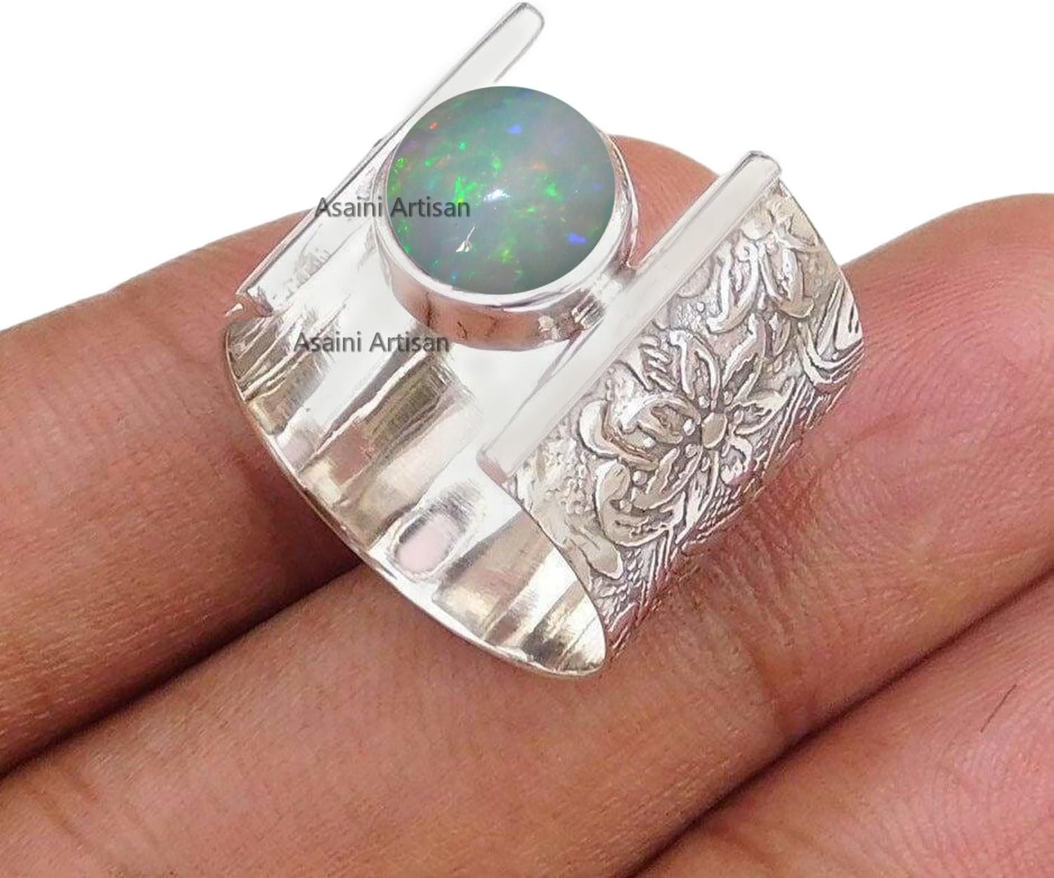 7MM Round Gemstone Sterling Silver Floral Engraved Ring