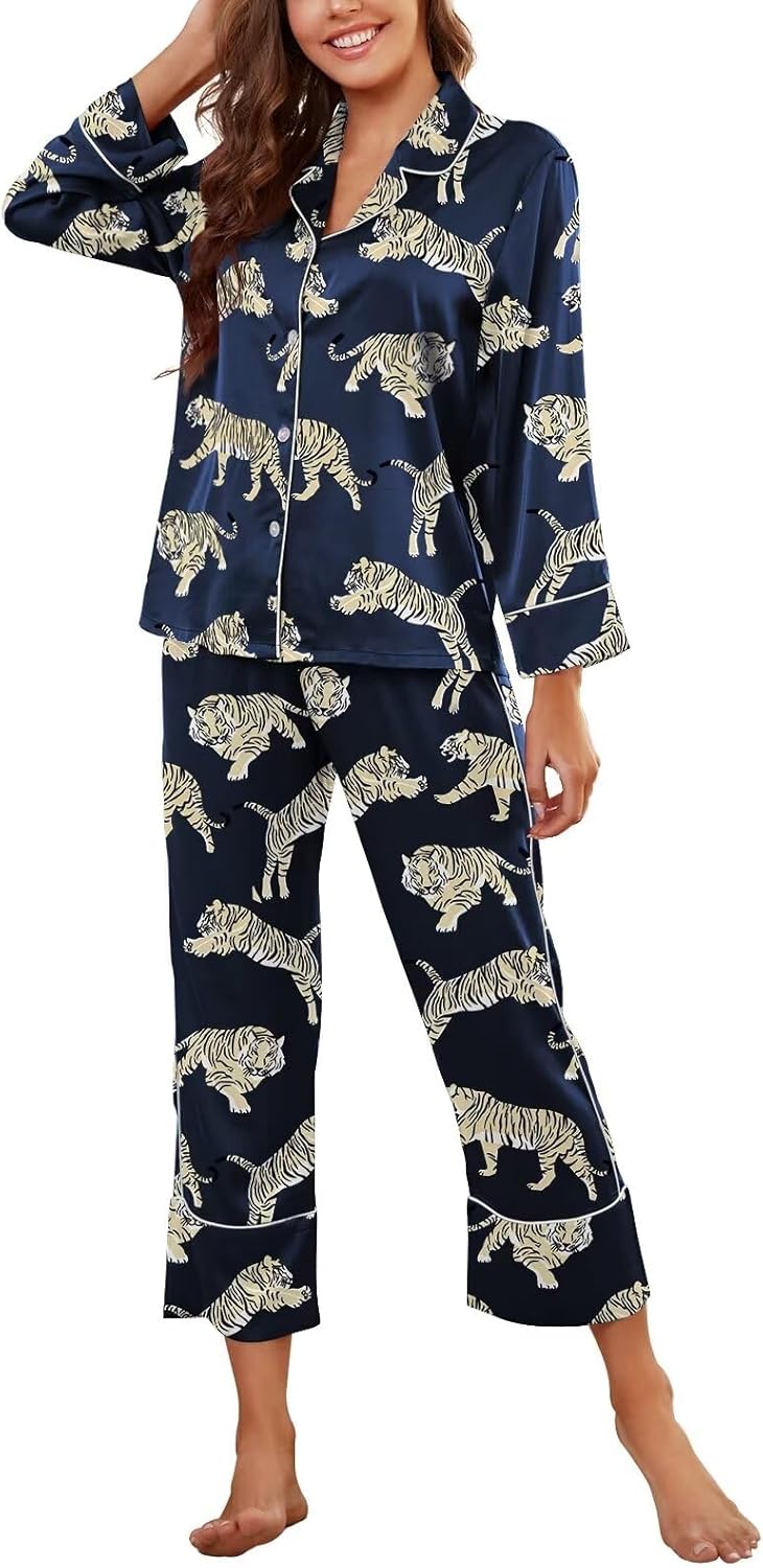 Luxurious Women's Silk Satin Pajamas Set with Lace Pattern