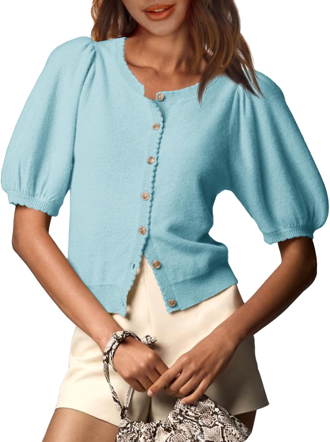 Saodimallsu Womens Puff Short Sleeve Cardigan for Summer Style