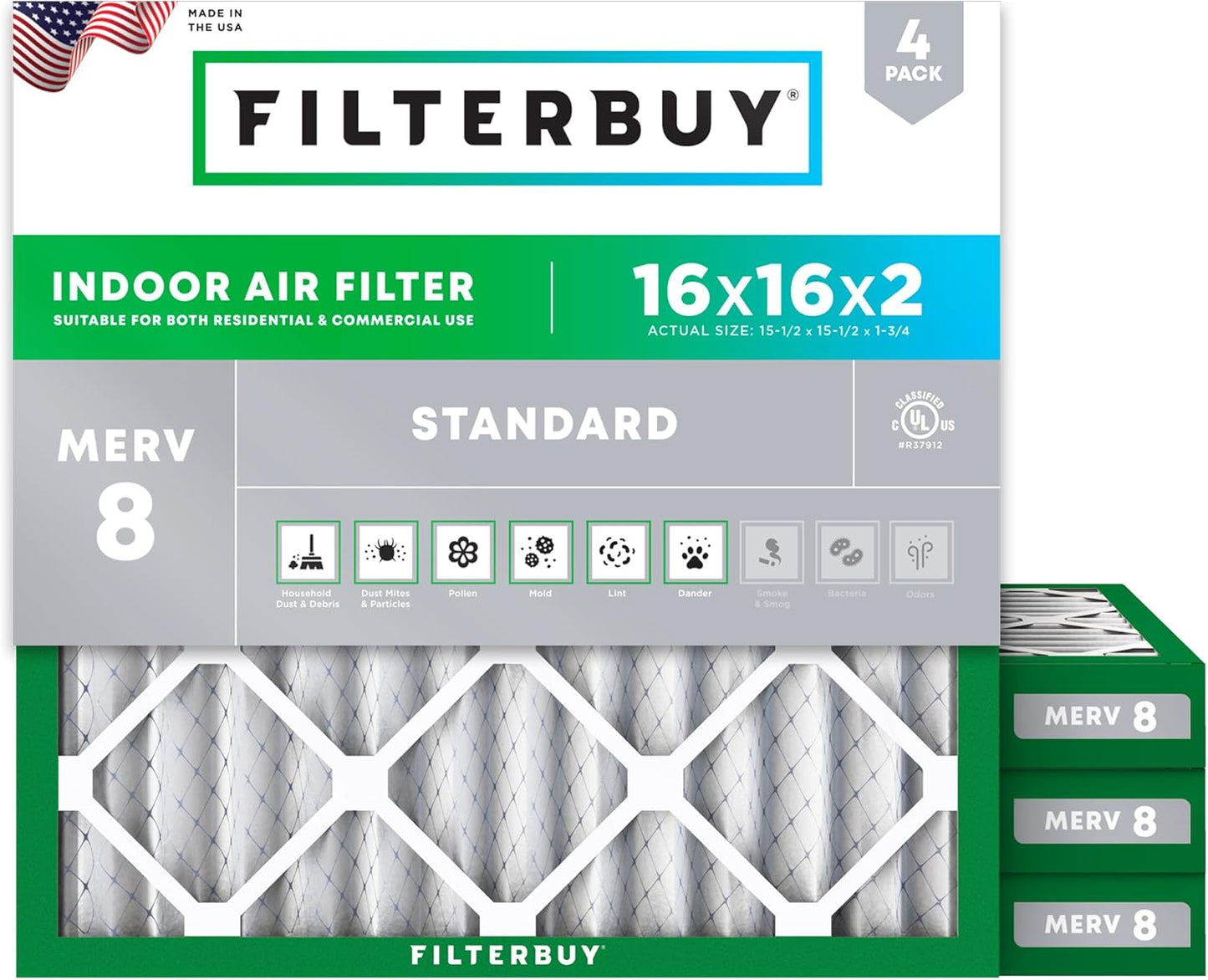 Filterbuy 16x16x2 Air Filter MERV 8 for Dust and Allergy Defense