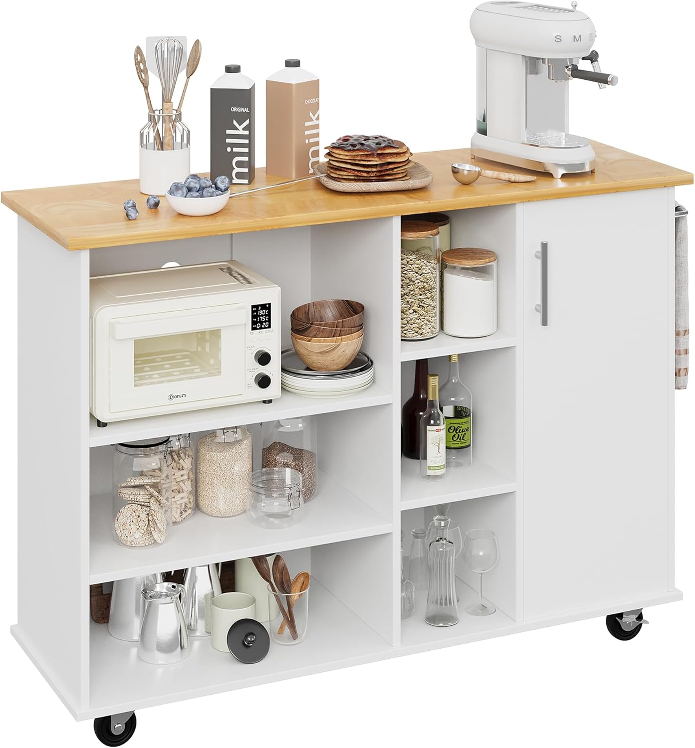 47W Kitchen Storage Island Cart with Open Shelves and Cabinet