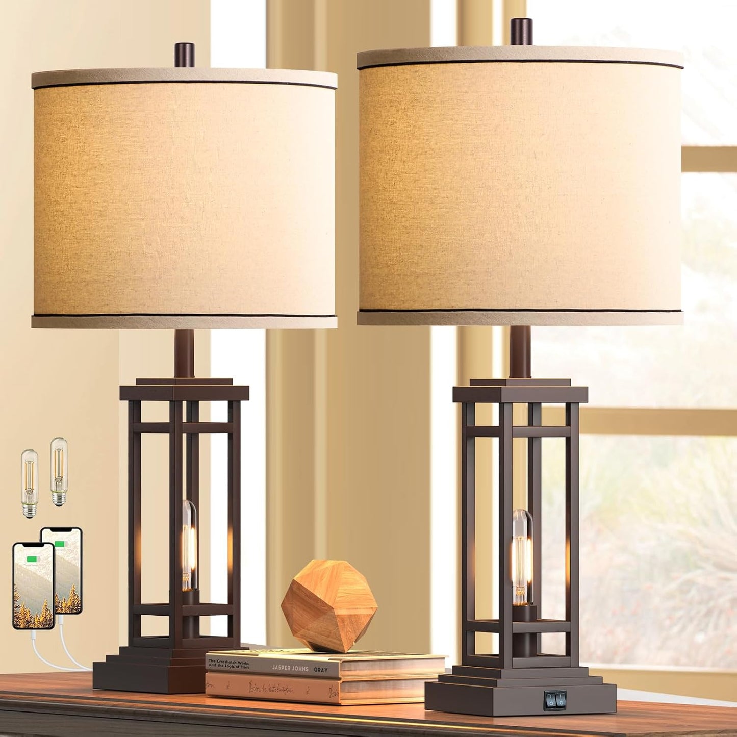 27.5in Tall Farmhouse Table Lamps with USB Charging Ports Set