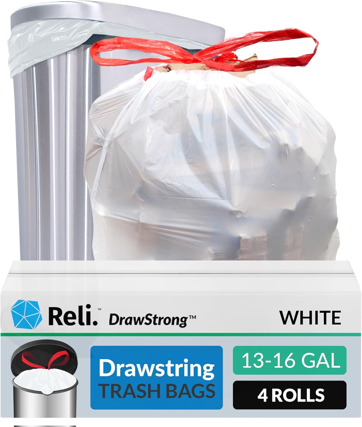 Reli. Tall Kitchen Drawstring Trash Bags for Easy Disposal
