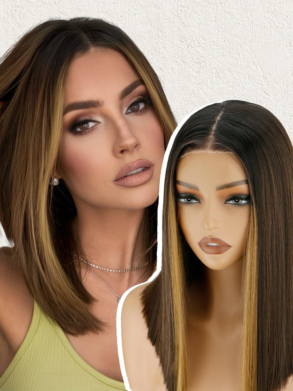 NOSTALGIA Brown Highlight Bob Glueless Wig for Women - 14 Inch