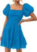 Boho Square Neck Puff Sleeve Smocked Tiered Mini Dress - Flattering