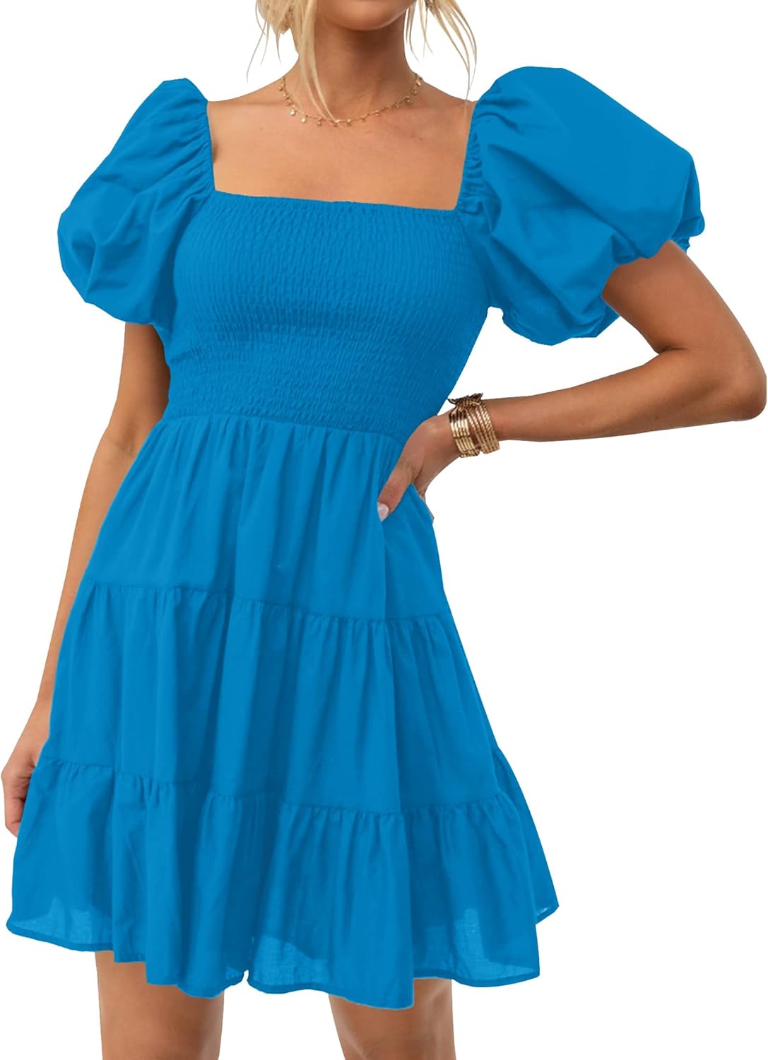 ZESICA Women's Boho Summer Square Neck Puff Sleeve Mini Dress