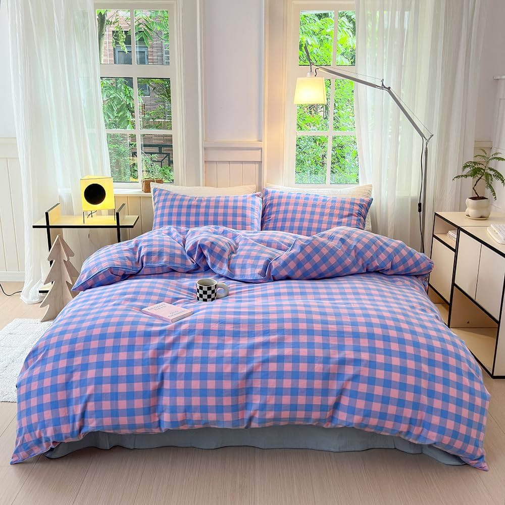 FACE TWO FACE Queen Duvet Cover Set in Blue Purple Grid Design