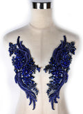 Hand-Made Beaded Rhinestones Applique Blue Flower Pair - Bridal DIY