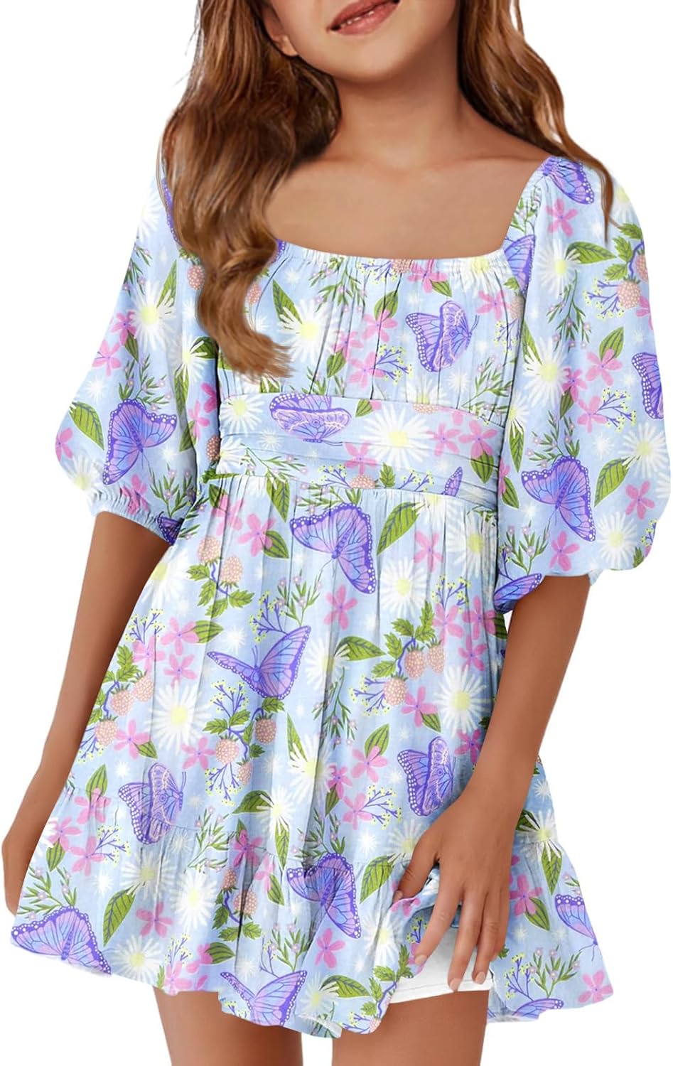 Girls Summer Dresses Square Neck Lantern Sleeve Tie Backless Ruffle