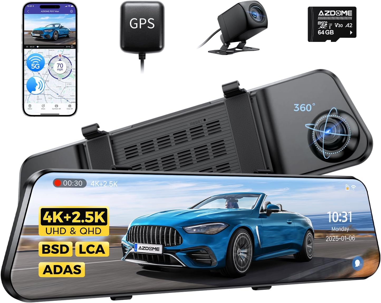 AZDOME PG17 Max 4K+2.5K Mirror Dash Cam with Advanced Features