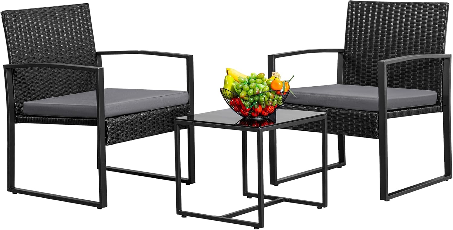 Greesum 3 Piece Wicker Conversation Bistro Set for Outdoor Use